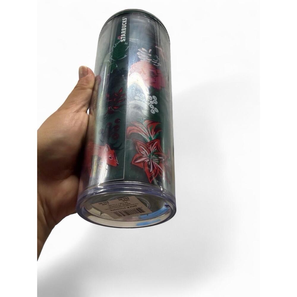 NEW Starbucks Floral Cup with Lid and Flower Straw, Green Red Clear Coffee Tea - Picture 6 of 7